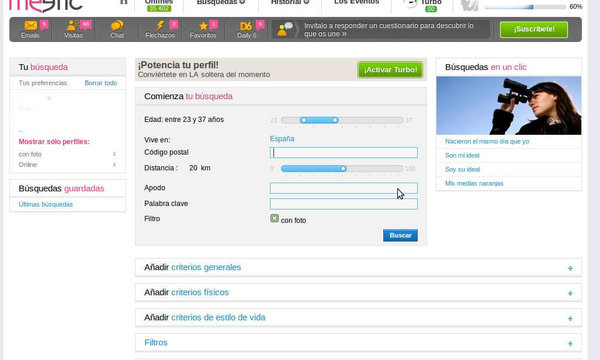 Segundo paso para realizar búsquedas en Meetic