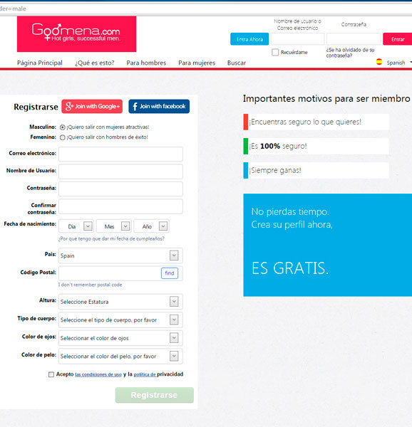 Formulario de registro en Goomena