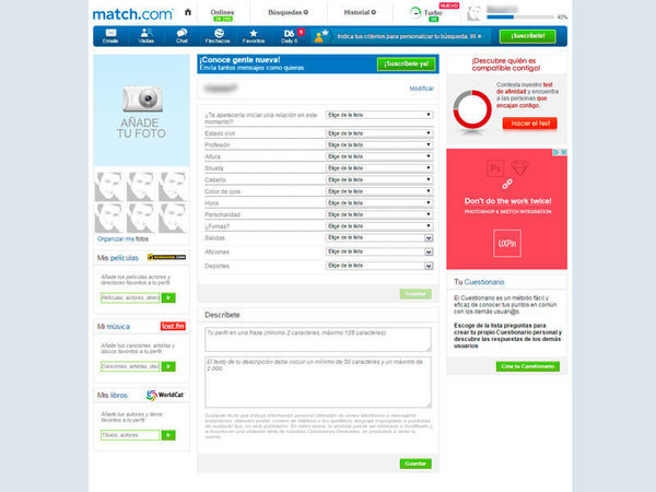 Apartado para completar tu perfil en Match
