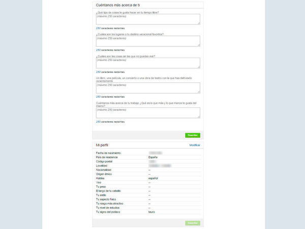Apartado para completar tu perfil en Match