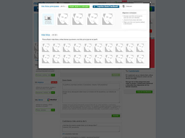 Apartado para subir tu foto de perfil en Match