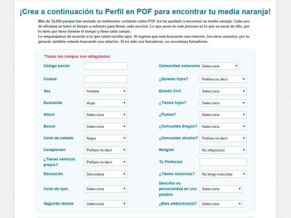 Cuestionario para el registro en POF