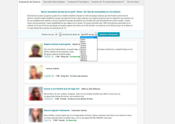 Usuarios sugeridos a través del test de Personalidad de PlentyOfFish