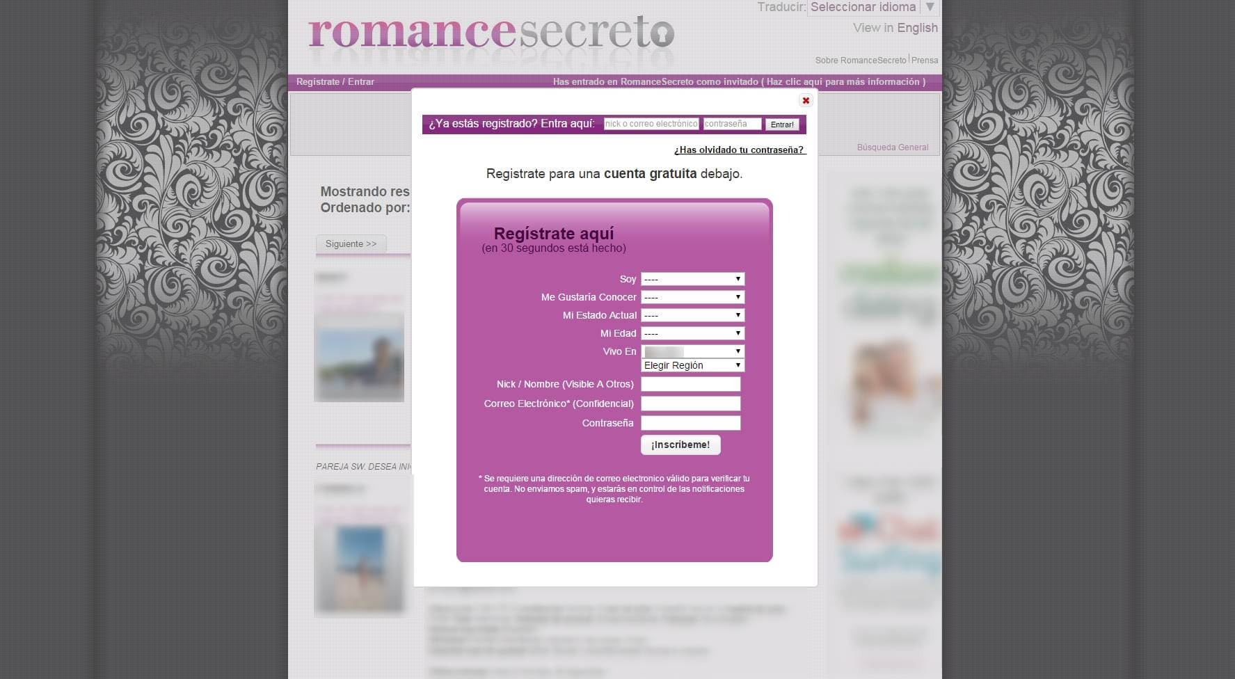 Registro en Romancesecreto